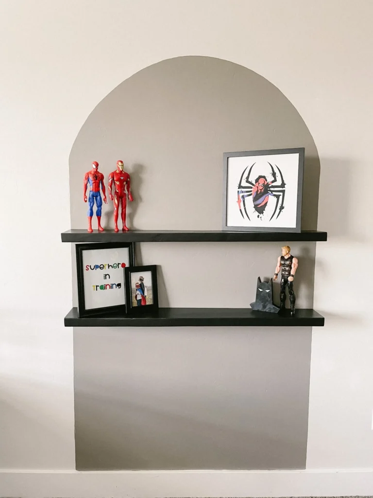 Arch display wall in boys superhero room