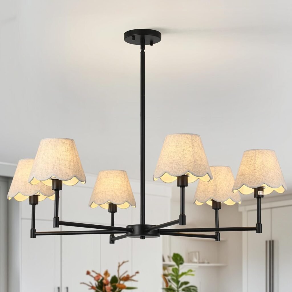 Easy Home Update: Black chandelier with scalloped tan shades