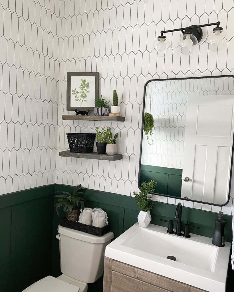 Stenciled tile backsplash in bathroom