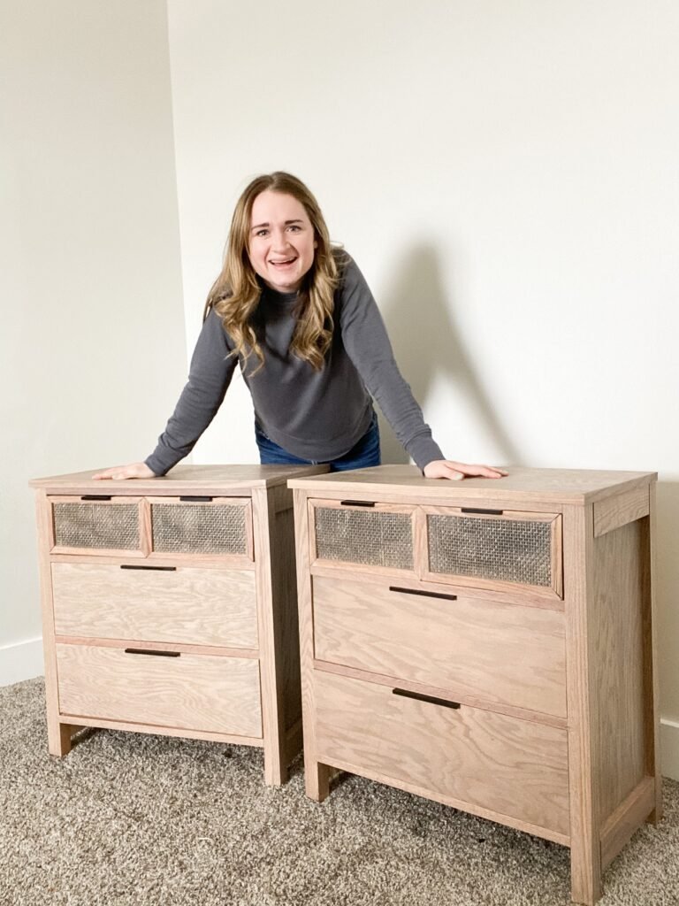 Woman standing next to DIY nightstands