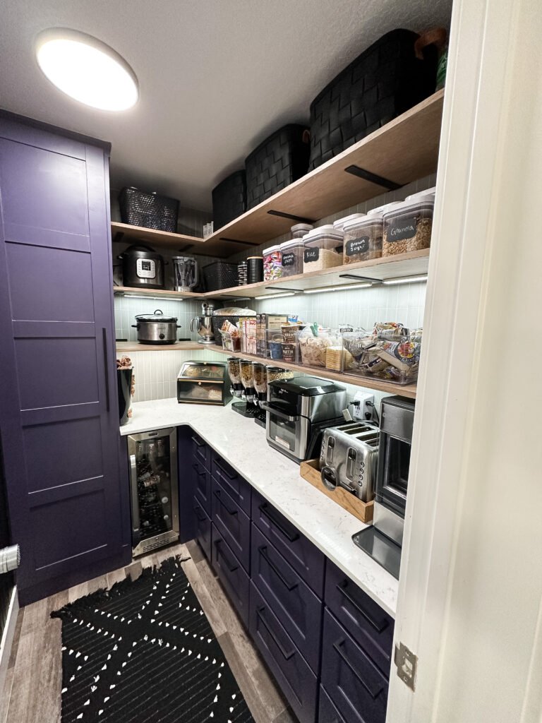 Affordable kitchen updates: adding lighting under open shelves in the pantry