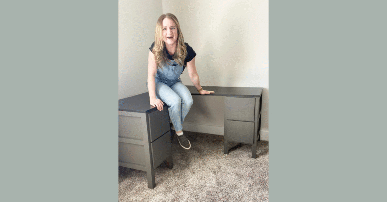 Woman sitting on DIY desk from repurposed nightstands