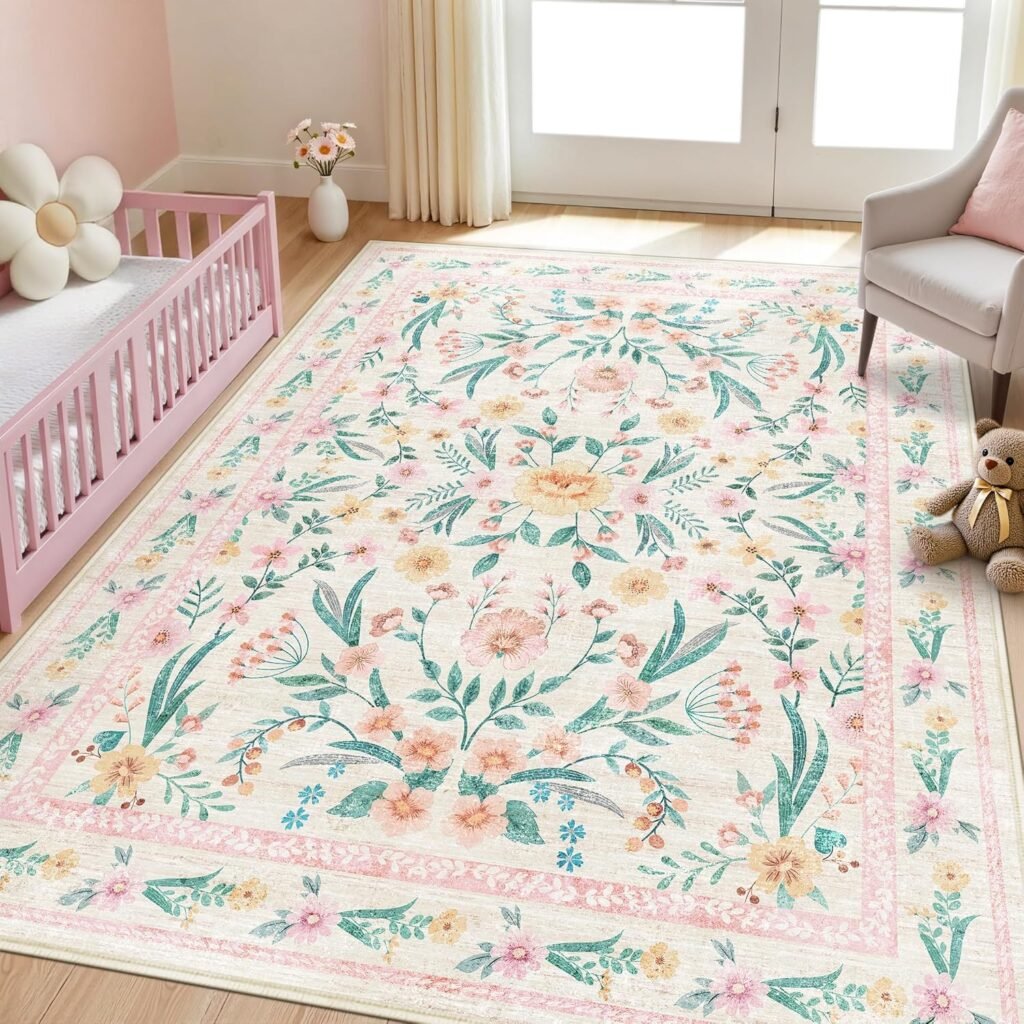 Pink, green, and yellow floral rug in a little girl's room