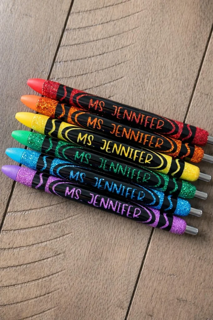 Personalized teacher gel pens in red, orange, yellow, green, blue, and purple