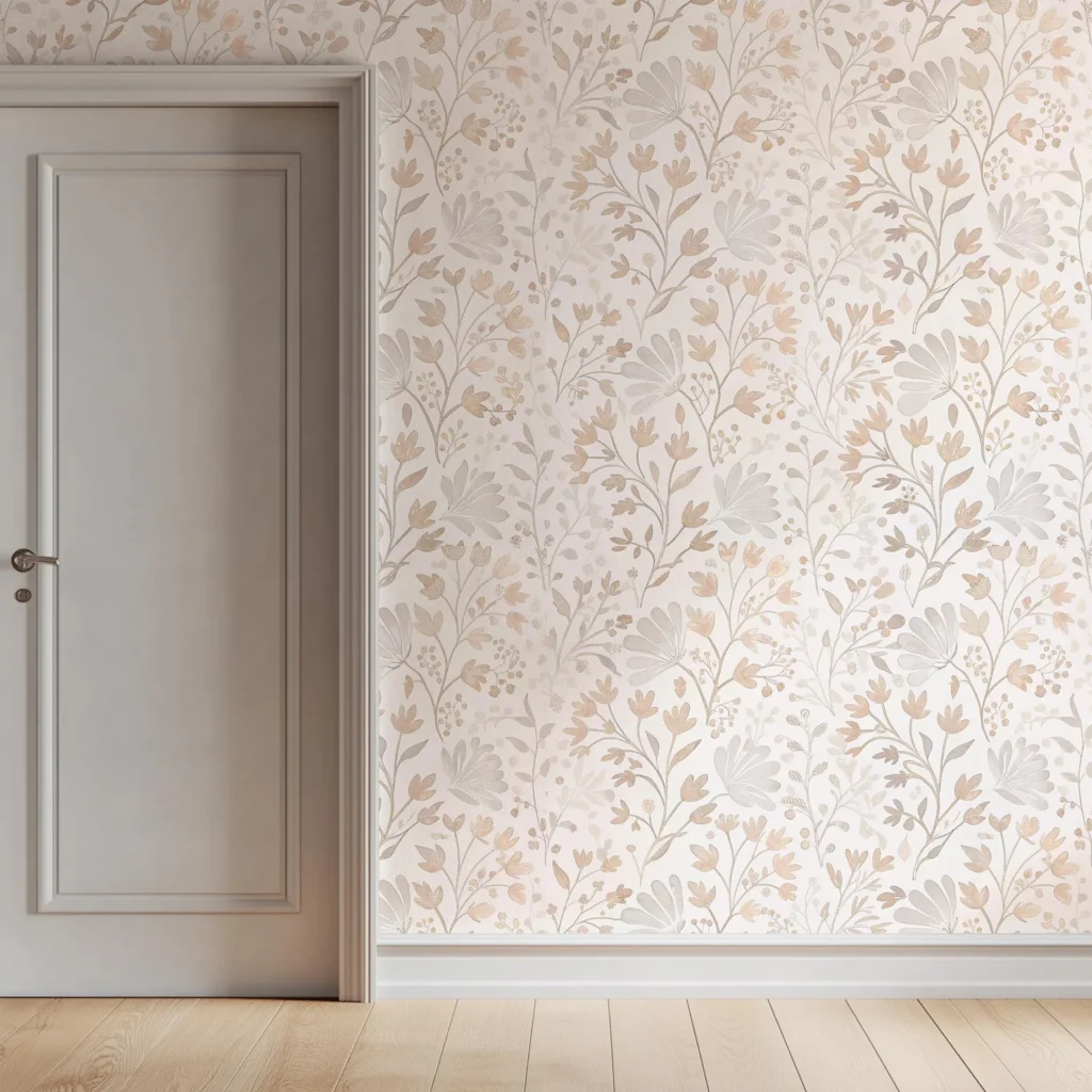 Pale pink floral peel-and-stick wallpaper that can be used in a wallpaper mural