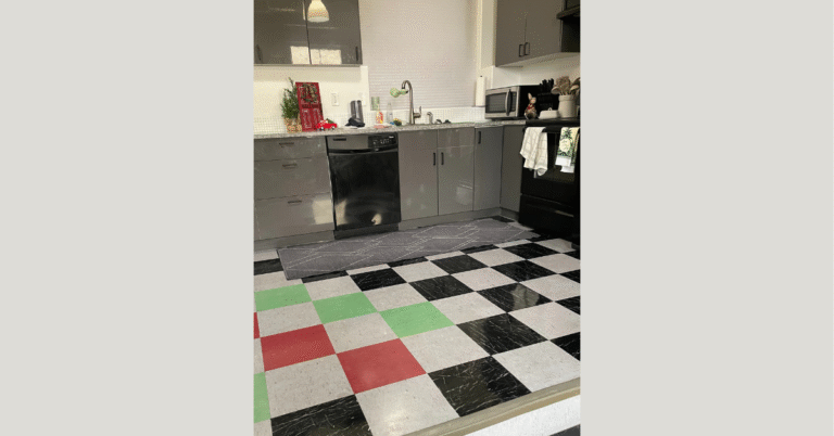 Image shows an example of using peel and stick floor tile in a rental
