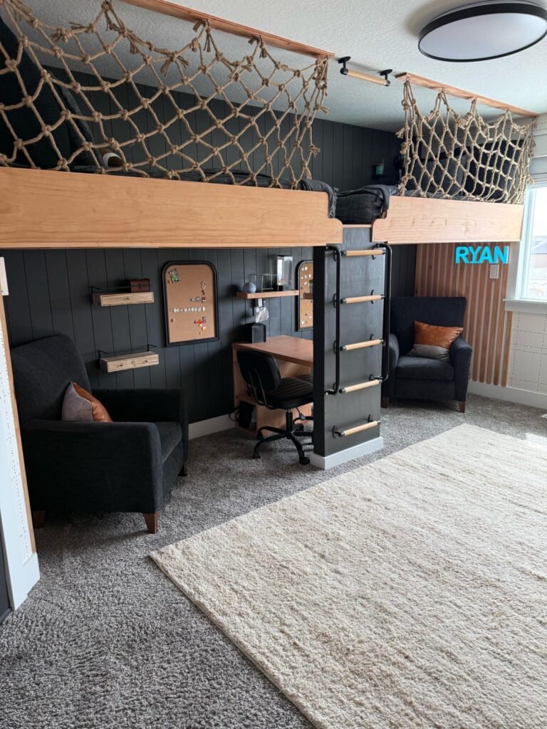 Boys sports bedroom with double loft bed