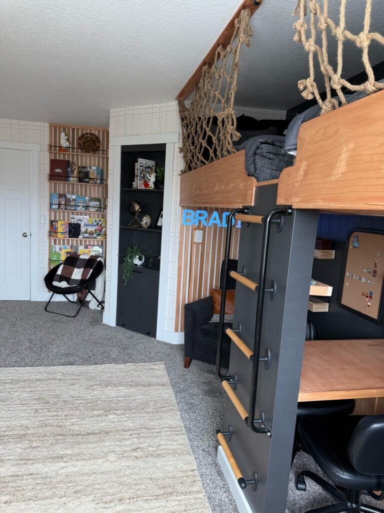 Boys sports bedroom with double loft bed