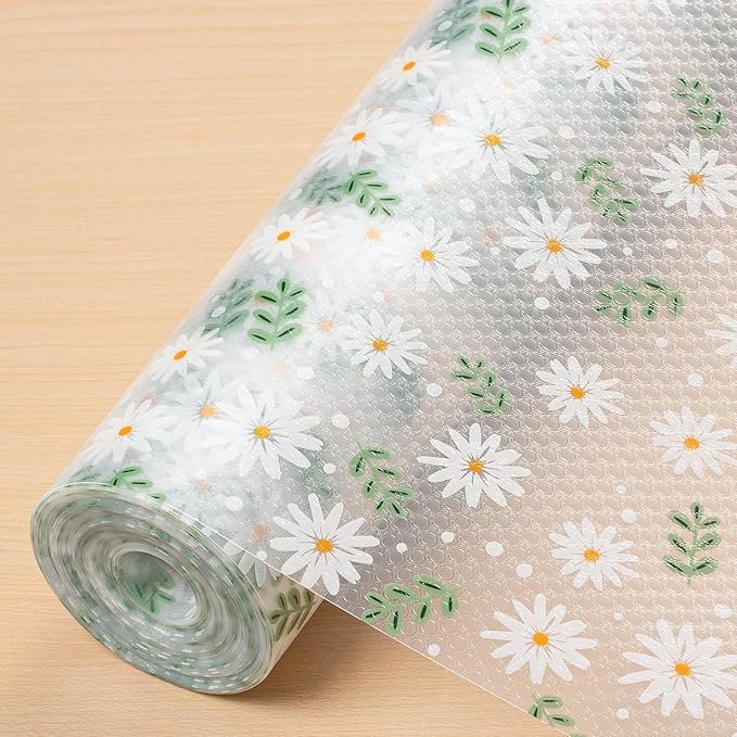 Flowered shelf liners add a personal touch