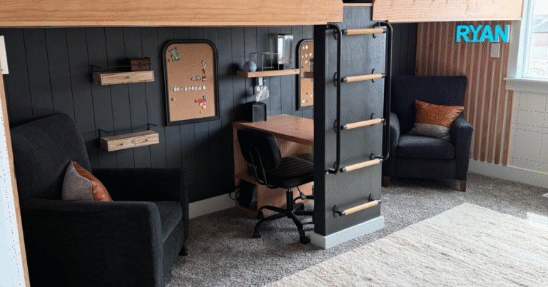 Boys sports bedroom with double loft bed