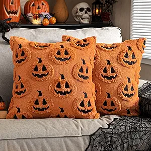 Jack-o'-Lantern Pillows on porch with DIY pumpkin arch