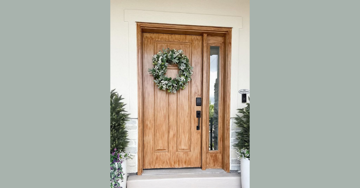 Faux wood door with wreath and greenery around it