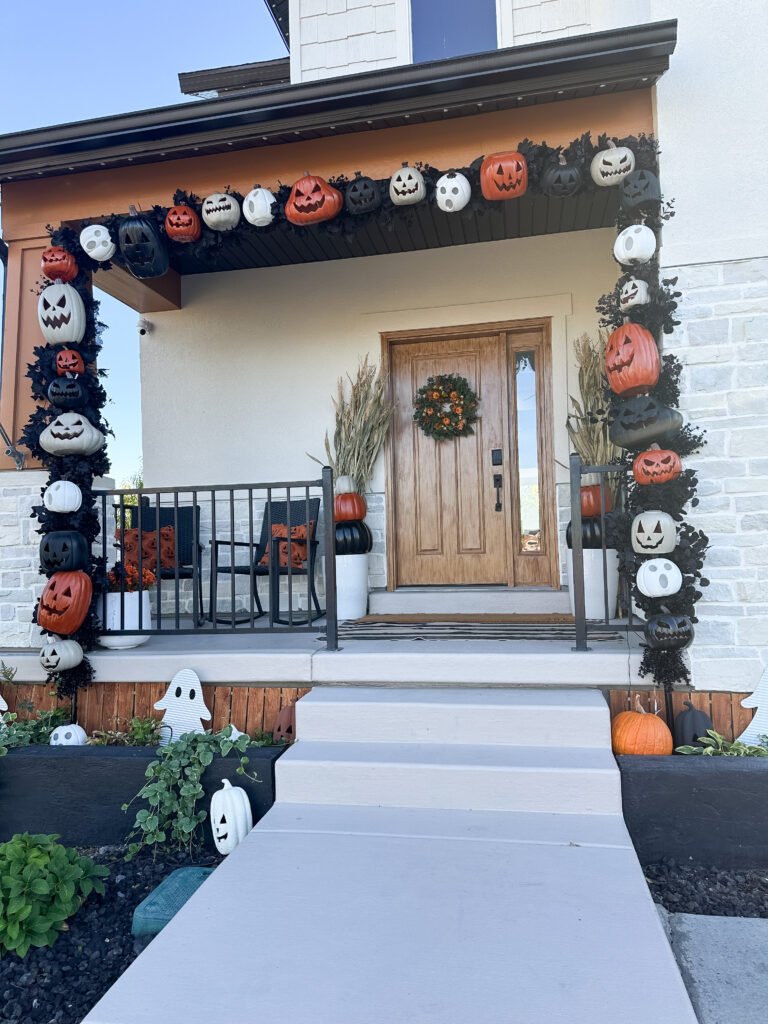 DIY Pumpkin Arch on Halloween front porch