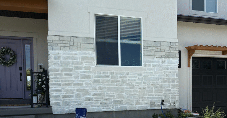 Over-grouted stone on Modern French Country exterior