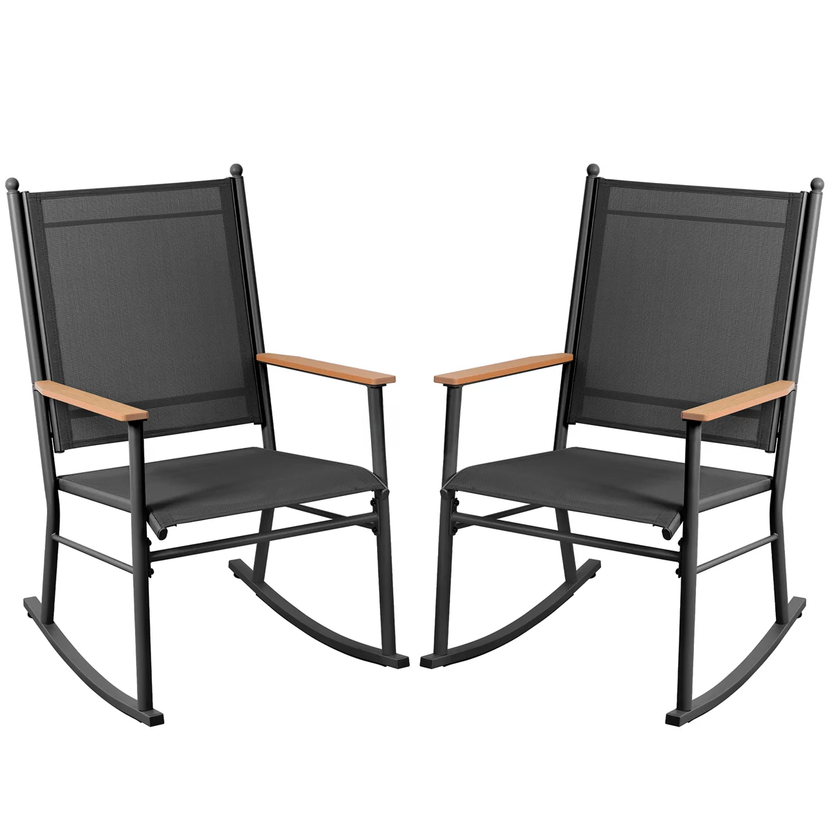 Black modern porch rocking chairs with light wood arm rests