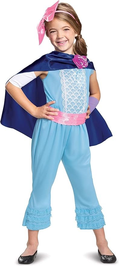Girls Toy Story Bo Peep costume: light blue capris and top with a dark blue cape