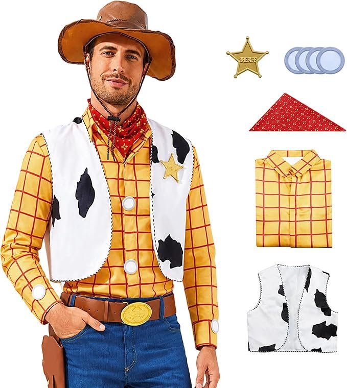 Mens Toy Story Woody costume: yellow and red plaid shirt, cow print vest, red bandana, cowboy hat