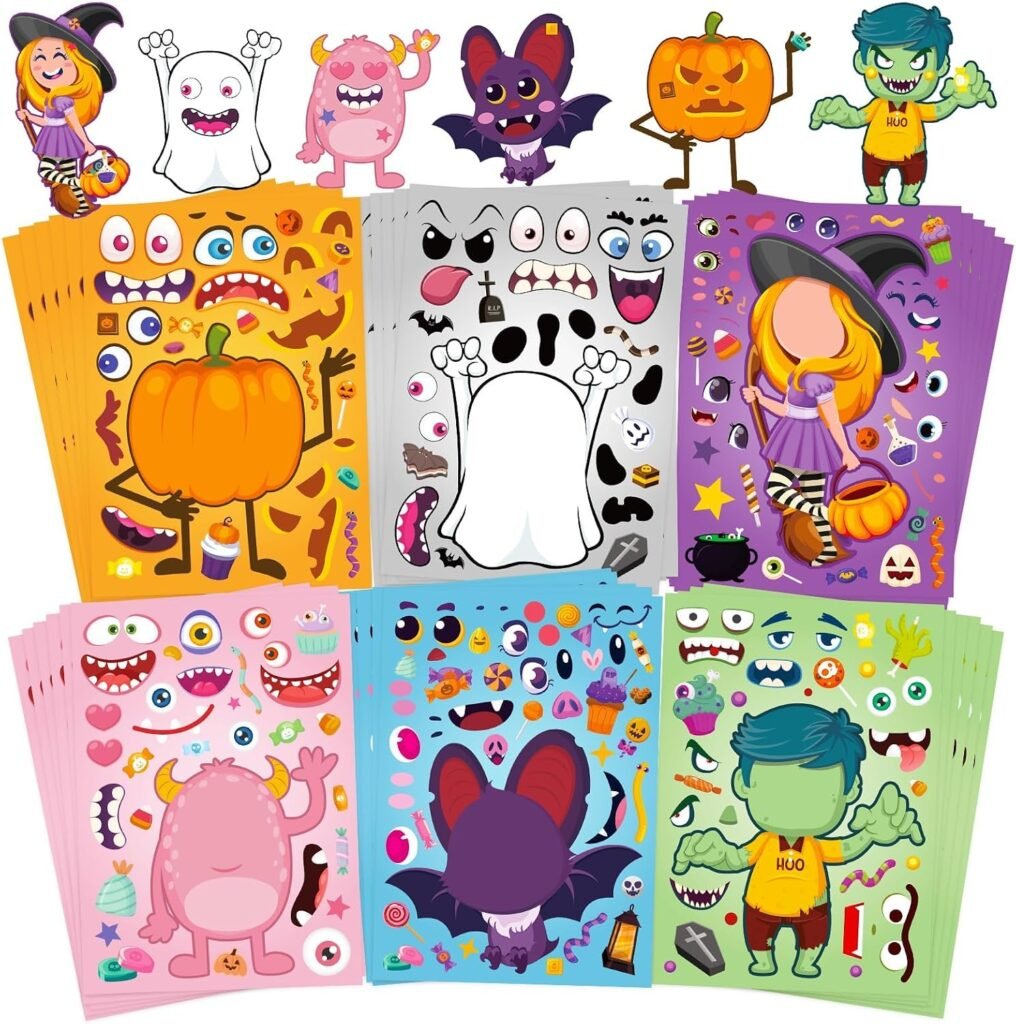 Halloween sticker packs with monsters, witches, ghosts, bats, and pumpkins
