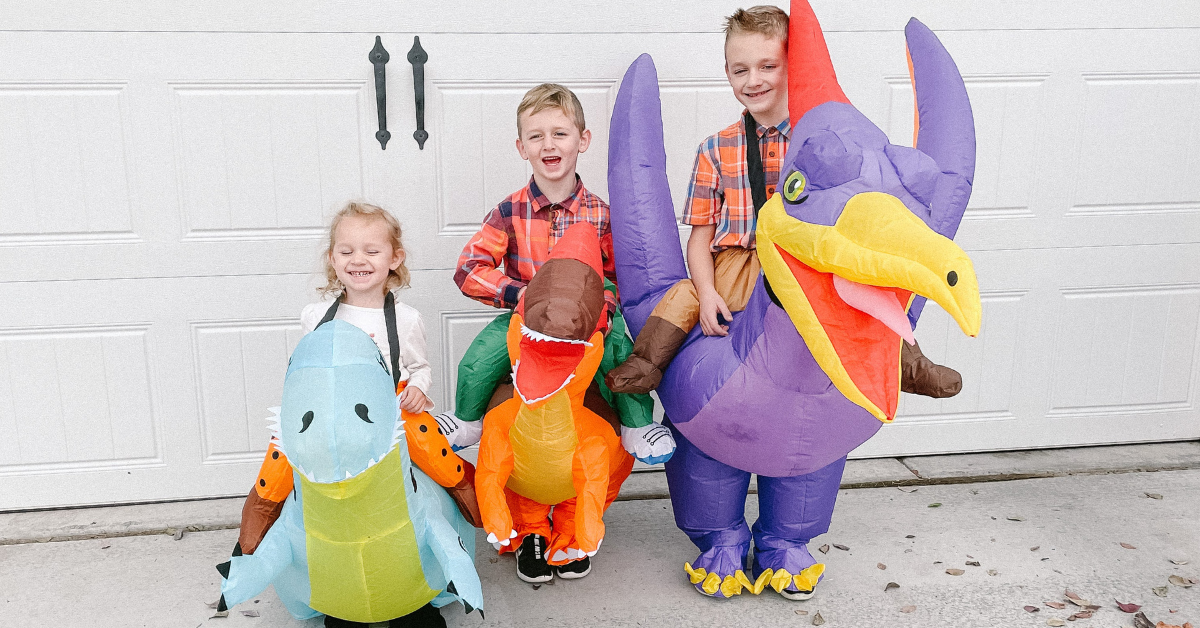 Kids in dinosaur costumes