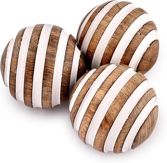 White and brown wood striped decorative balls
