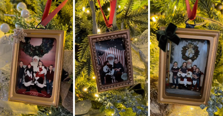 Santa picture frame ornaments hanging on the tree