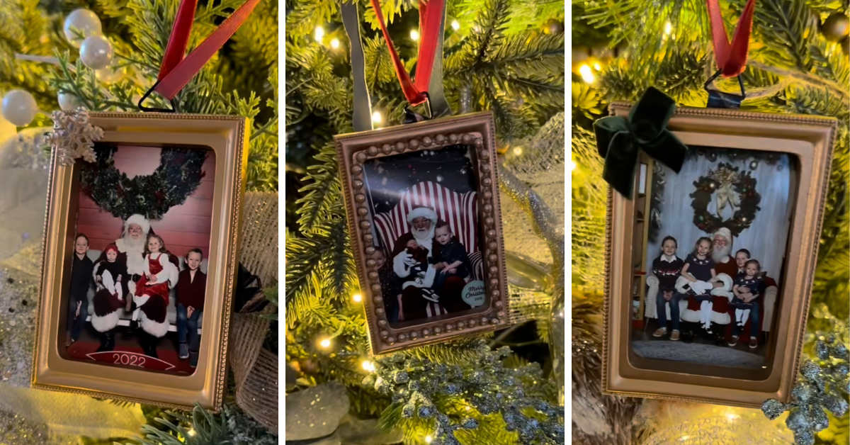 Santa picture frame ornaments hanging on the tree