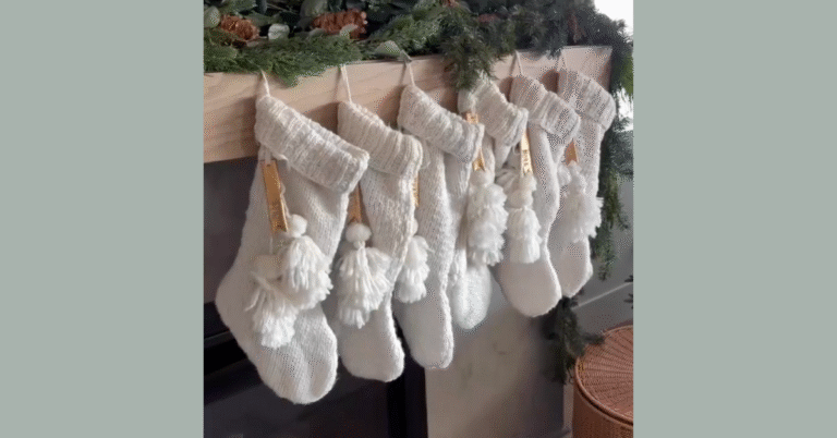 Gold clay stocking tags hanging on white stockings
