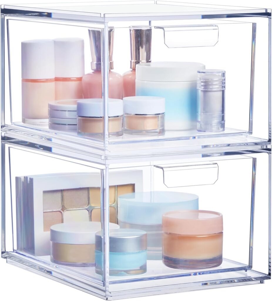 Clear acrylic stackable drawers with cosmetics inside