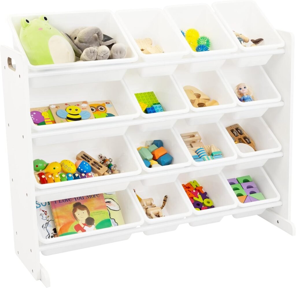 White toy storage organizer shelf with bins