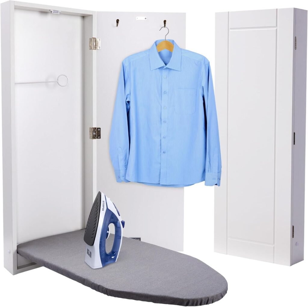 Wall-mounted ironing board in white cabinet