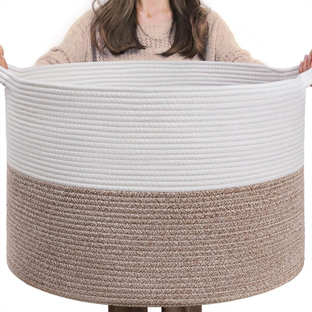 Woman holding a large cotton rope basket