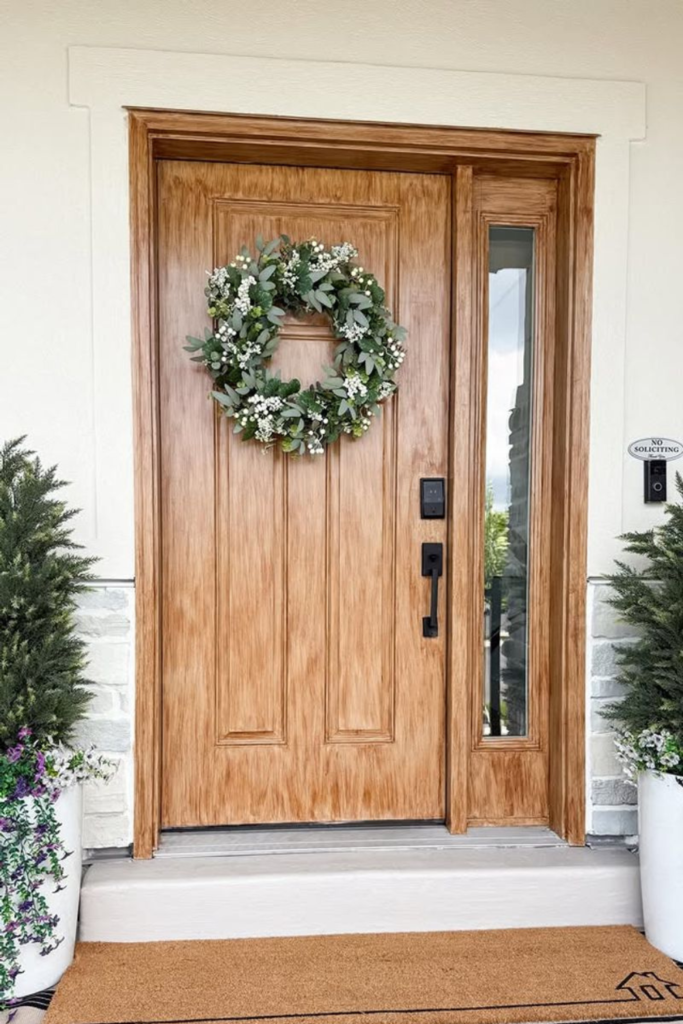 Light faux wood front door with long window next to it, and a wreath on the door