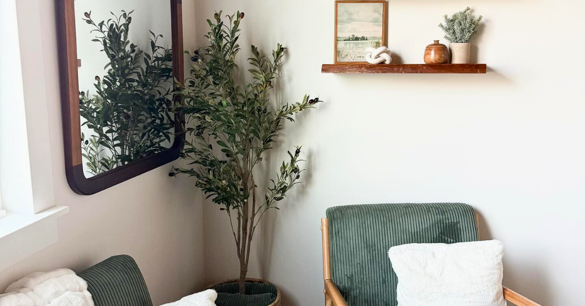 Corner of home with dark green chairs, olive tree, mirror, and floating shelf