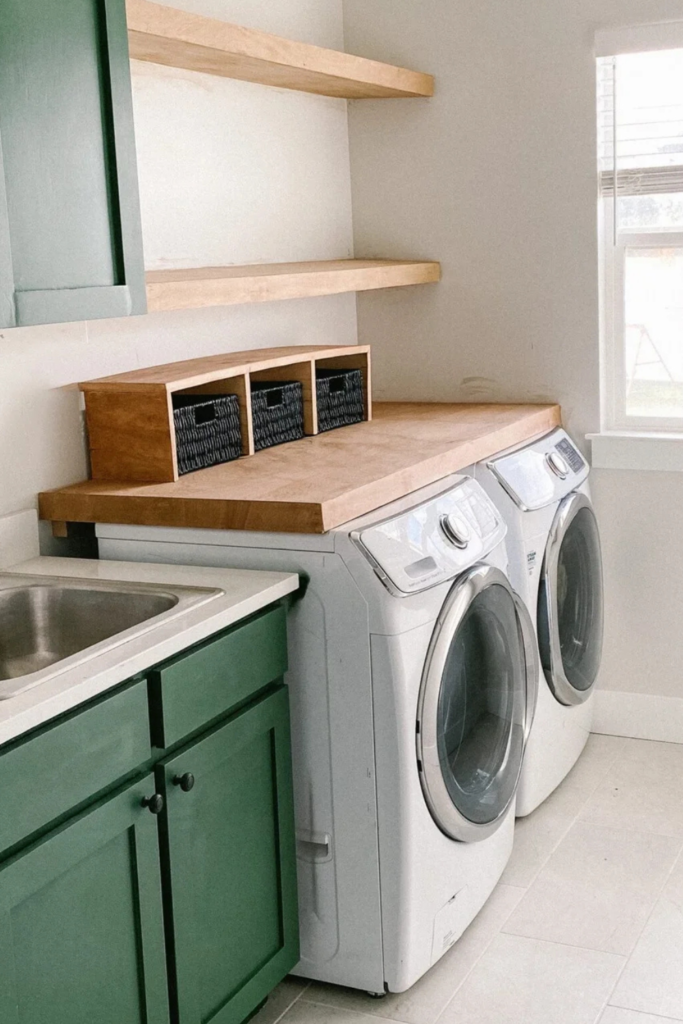 Weekend DIY home projects ideas:  Build a shelf over the washer and dryer for extra storage. Photo also includes floating shelves above.