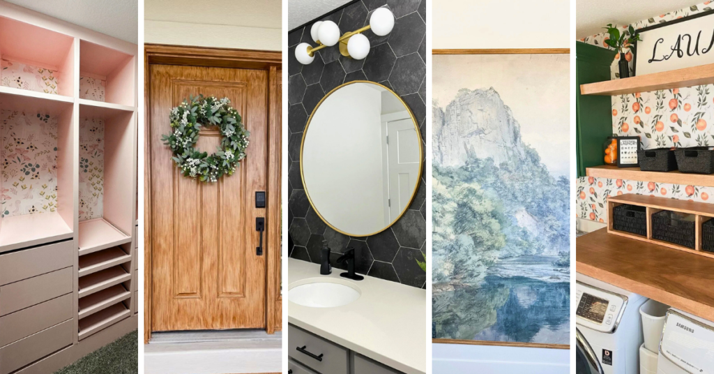Weekend DIY home projects include peel-and-stick wallpaper, faux wood door, new bathroom mirror and lighting, peel-and-stick wallpaper mural, and floating shelves over washer and dryer