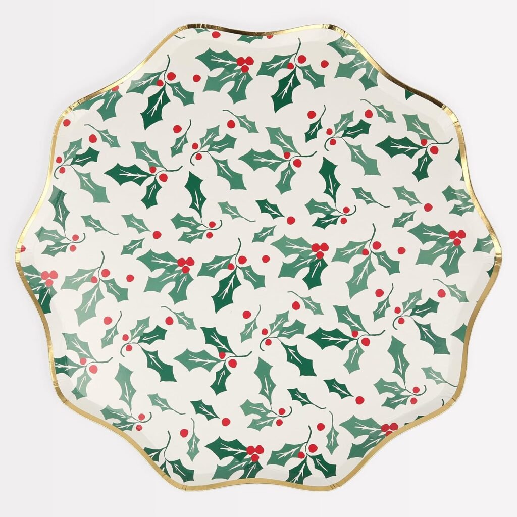 Green and red holly patterned plate with gold scalloped edges