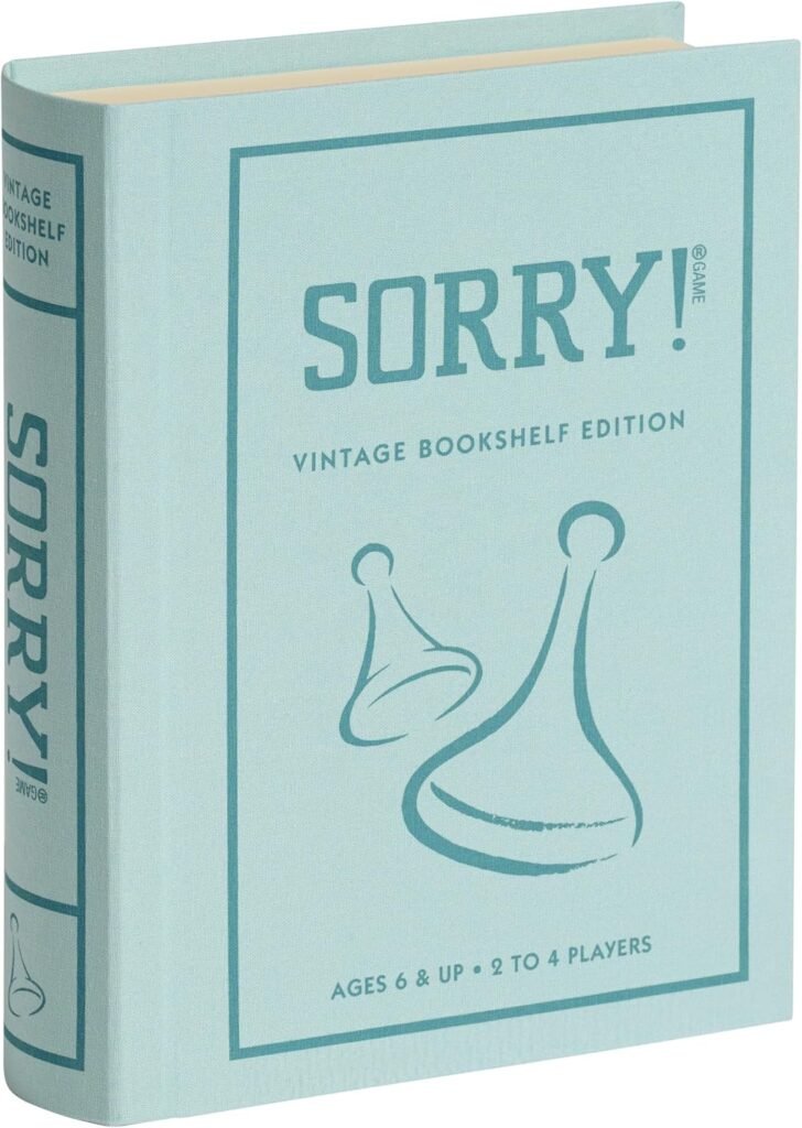 Light blue vintage bookshelf Sorry board game as decor in our game room closet