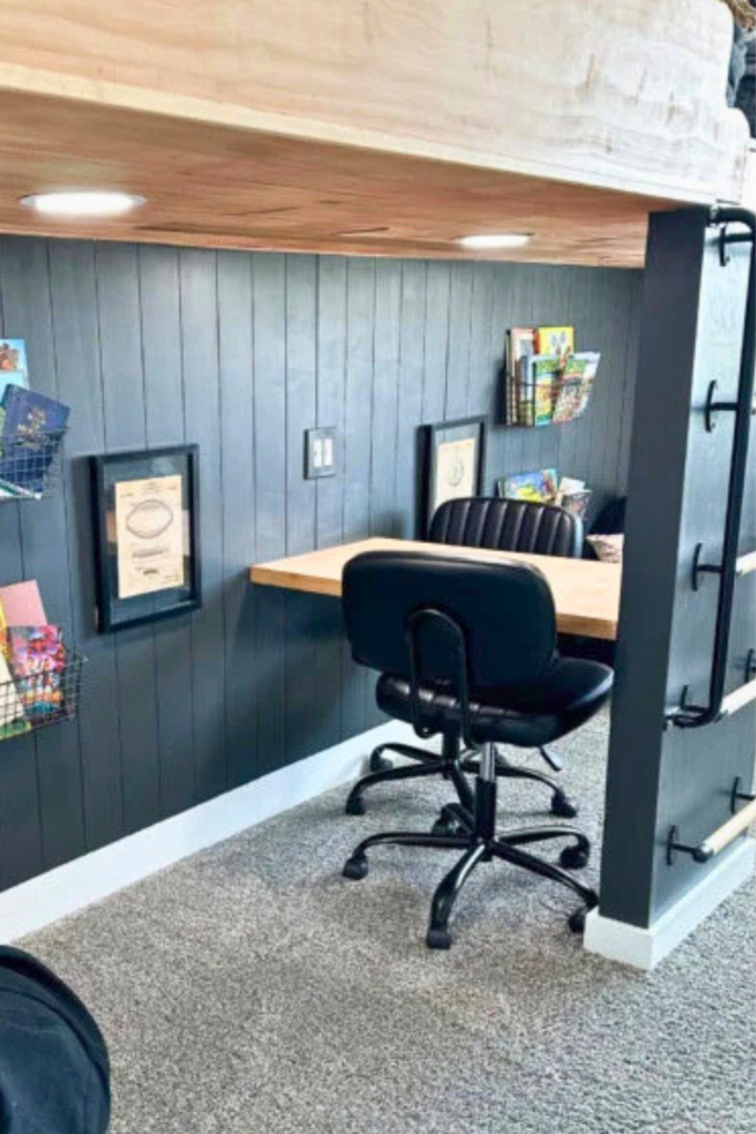 Cool Kids' Room Ideas: built-in desk under loft bed with black leather armless desk chairs