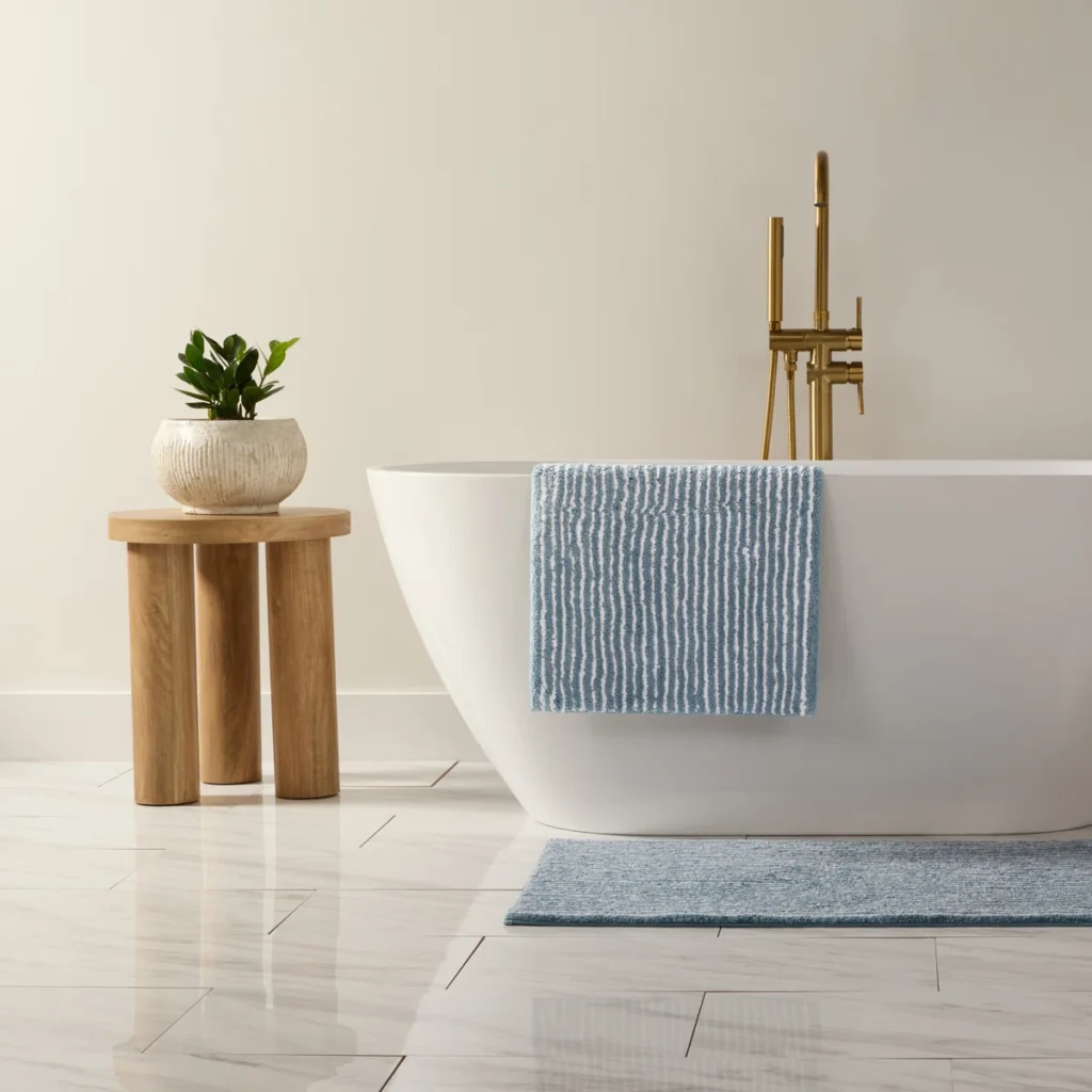Striped blue mat on a freestanding tub with gold faucet on the wall and a small wood stool
