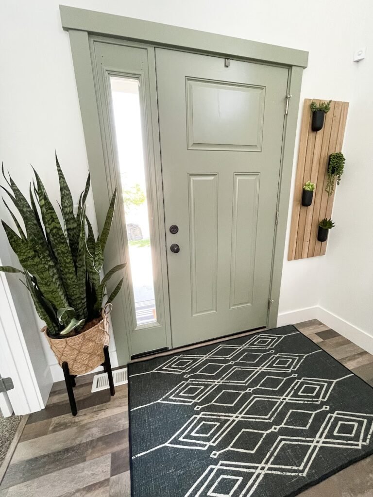 How to Choose a Rug You Love: Our black and white geometric front door rug fits perfectly with the sage green door and snake plant