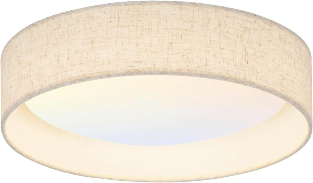 Light linen circular light fixture in our game room closet