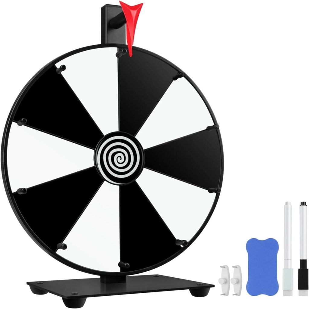 Black and white prize wheel decor in our game room closet