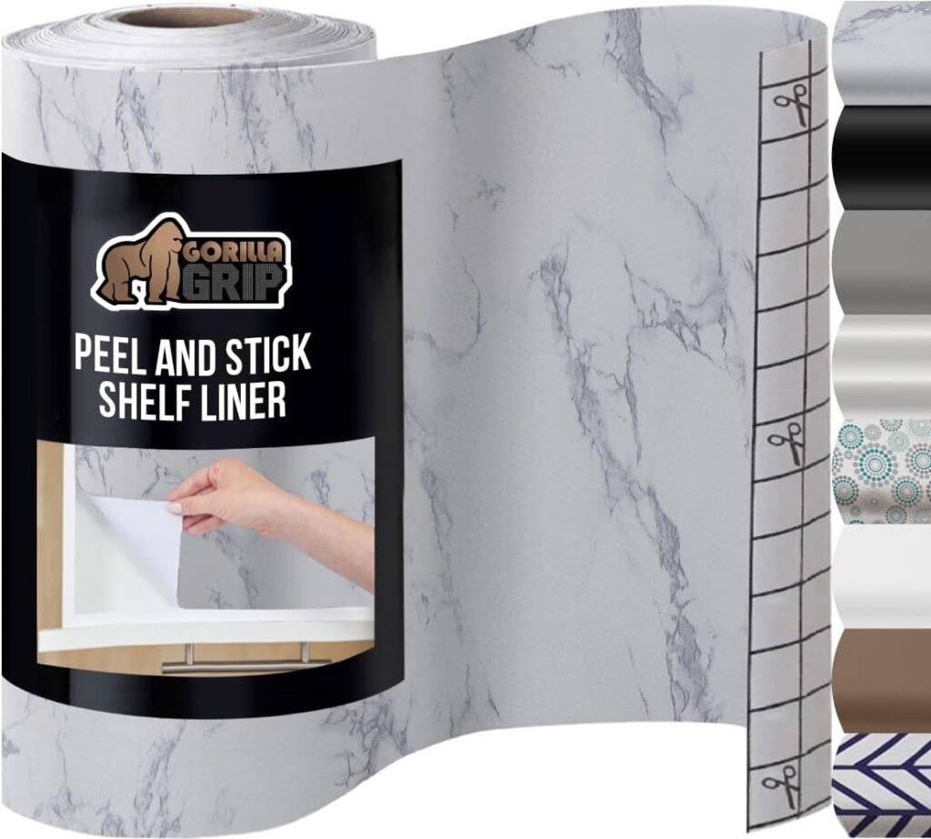 How to Update Cabinets on a Budget: Use faux white marble (with gray veining) peel-and-stick shelf liner to hide dated or damaged interior cabinets