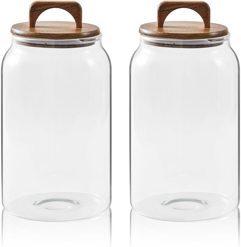 Clear storage jars with dark brown wood lid