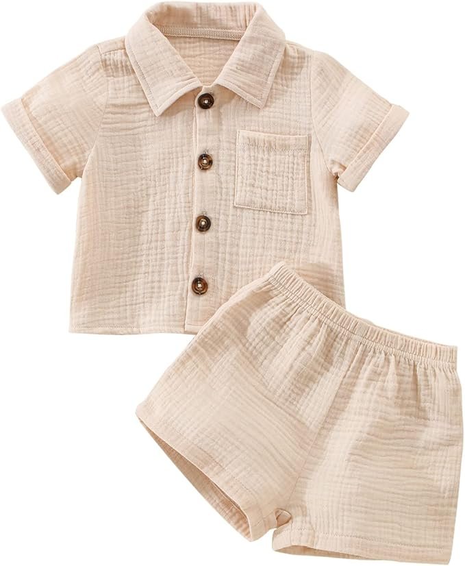 Boys cotton beige button down short sleeve shirt and matching shorts