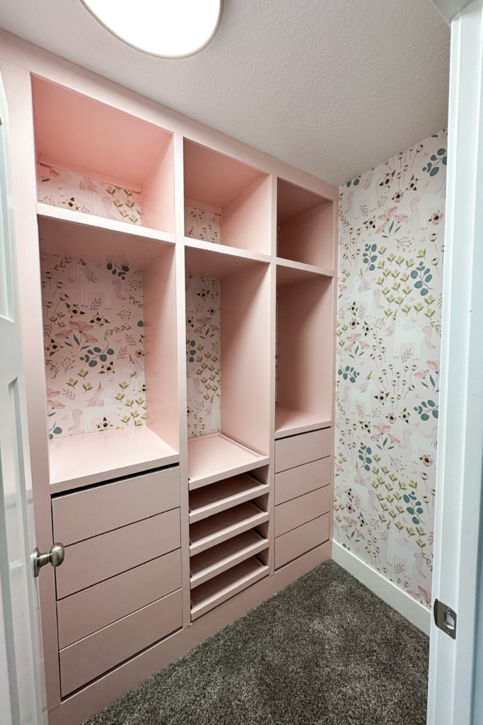 Cool Kids' Room Ideas: floral wallpaper with pink IKEA Pax closet