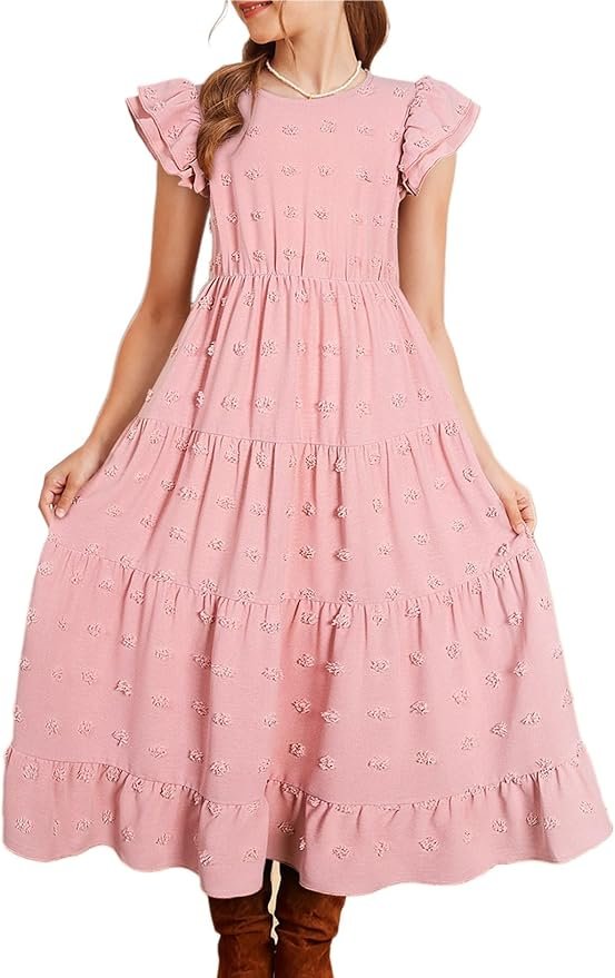 Family photo outfits idea: Girls baby pink tiered short sleeve dress with dots