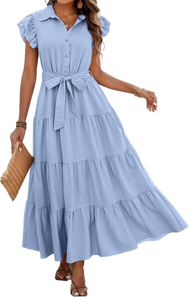Family photo outfits idea: Women's sky blue tiered dress with short ruffled sleeves and a belted waist