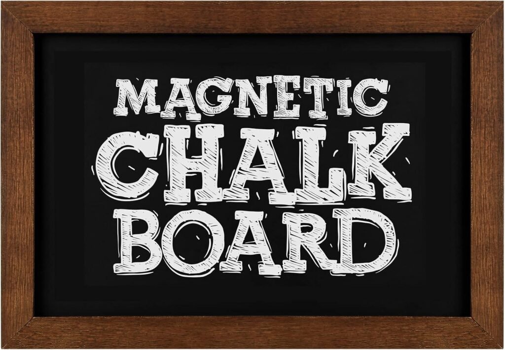 Magnetic chalkboard with dark wood frame as decor in our game room closet