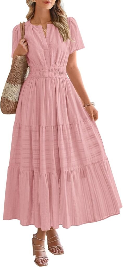 Family photo outfits idea: Women's baby pink tiered dress with short sleeves